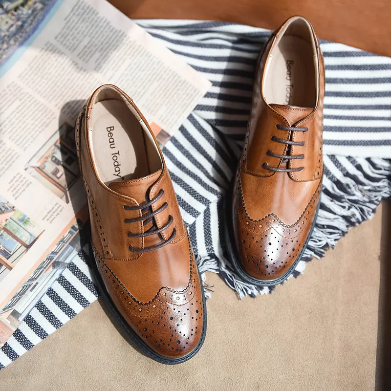 BeauToday Genuine Leather Oxford Shoes Lace Up Brogue Shoes for Women