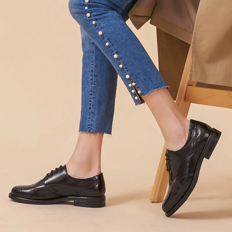 BeauToday Genuine Leather Oxford Shoes Lace Up Brogue Shoes for Women