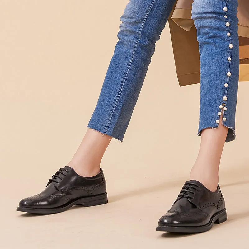 BeauToday Genuine Leather Oxford Shoes Lace Up Brogue Shoes for Women