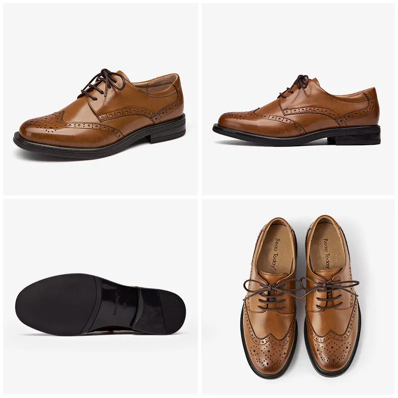 BeauToday Genuine Leather Oxford Shoes Lace Up Brogue Shoes for Women
