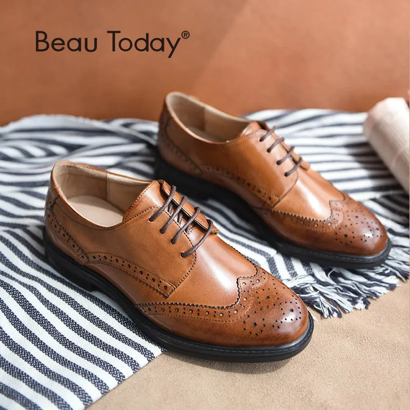 BeauToday Genuine Leather Oxford Shoes Lace Up Brogue Shoes for Women