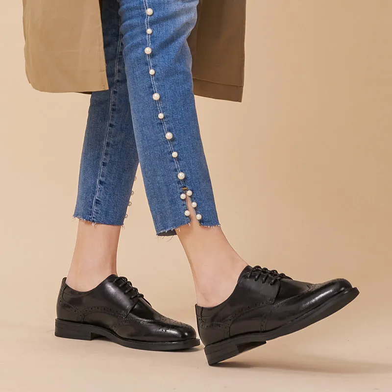 BeauToday Genuine Leather Oxford Shoes Lace Up Brogue Shoes for Women