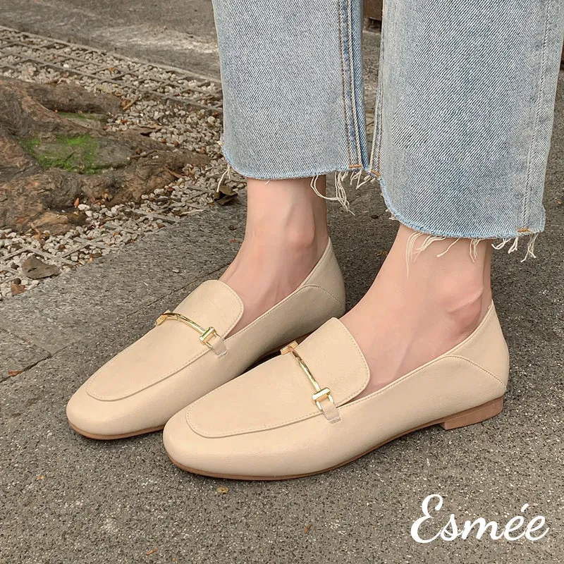 Leather Loafers with Metal Bar Design