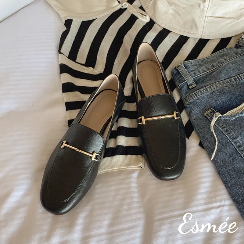 Leather Loafers with Metal Bar Design