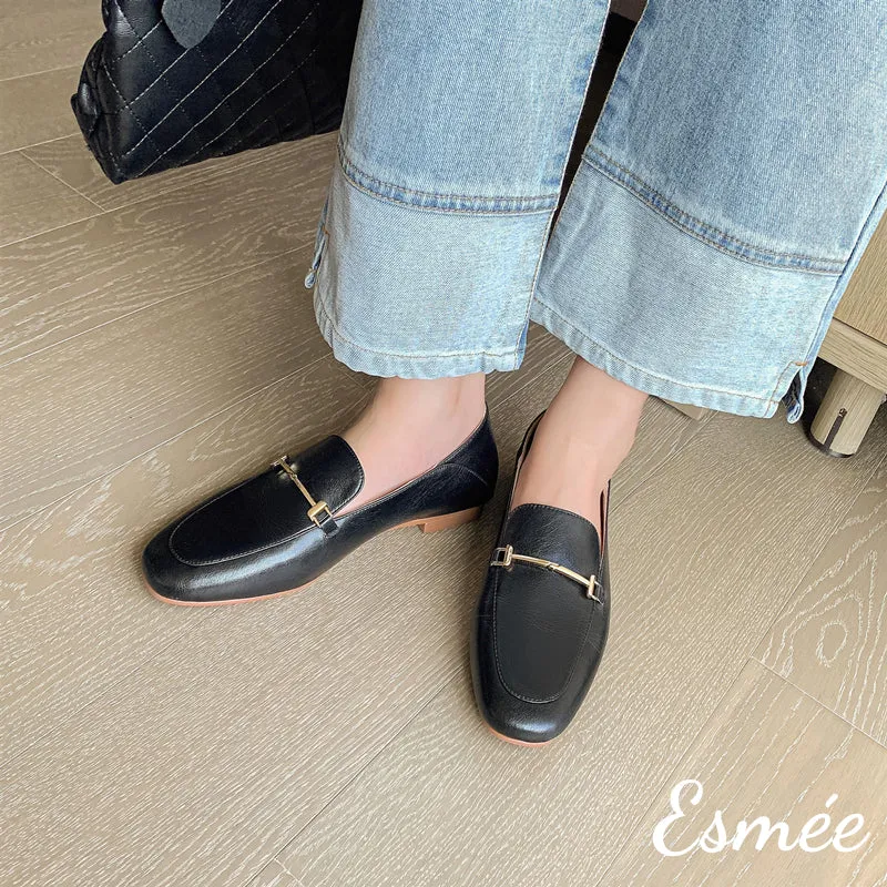 Leather Loafers with Metal Bar Design