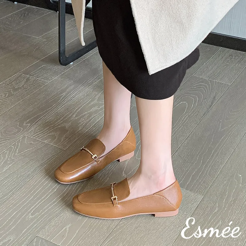 Leather Loafers with Metal Bar Design