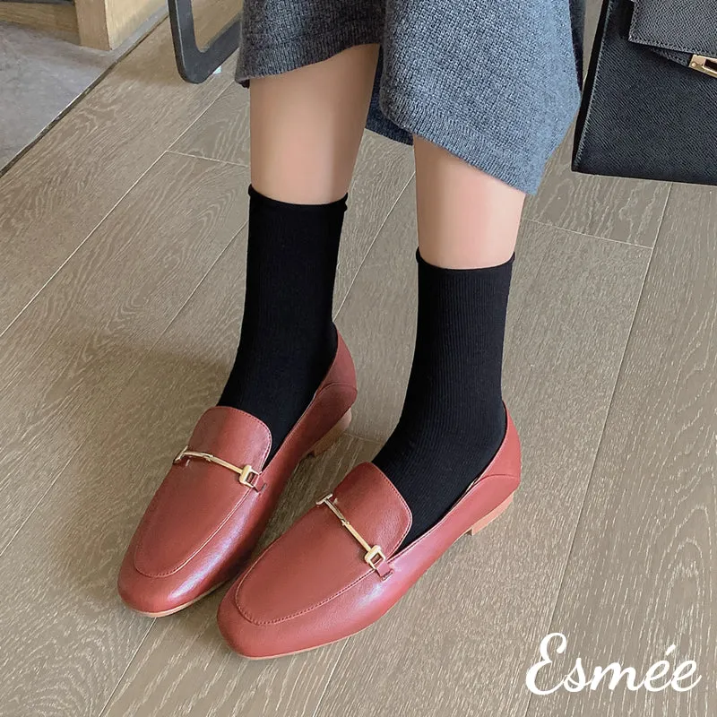 Leather Loafers with Metal Bar Design