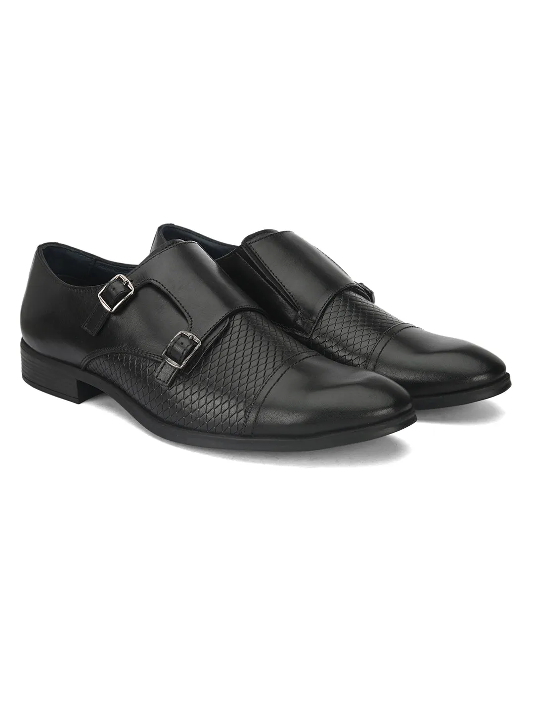 Pelle Albero Black Formal Double Monk Shoes For men