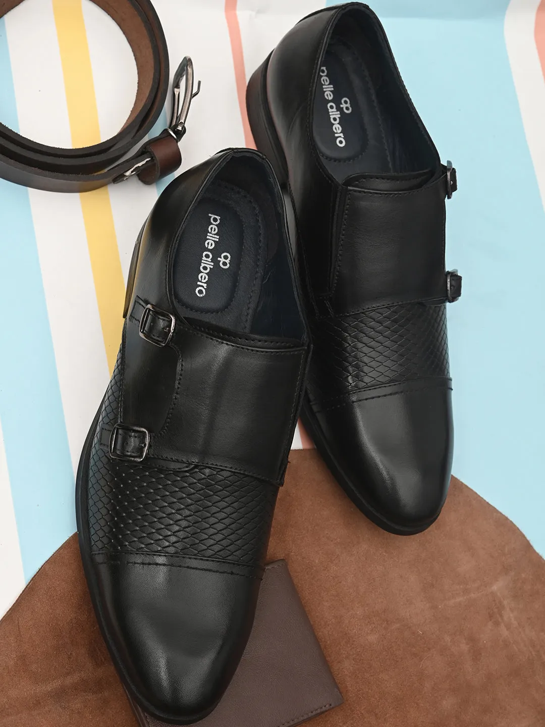 Pelle Albero Black Formal Double Monk Shoes For men